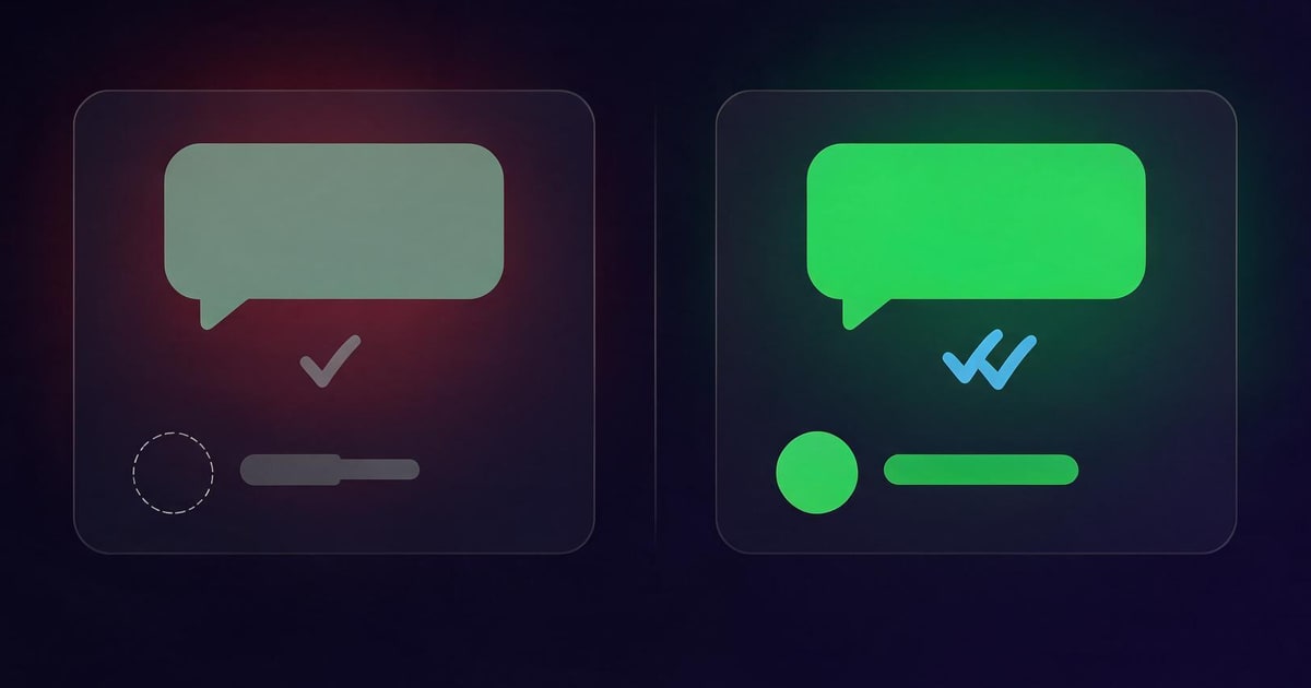 Comparison: unsaved number never receives the broadcast message; saved contact receives it normally in the chat